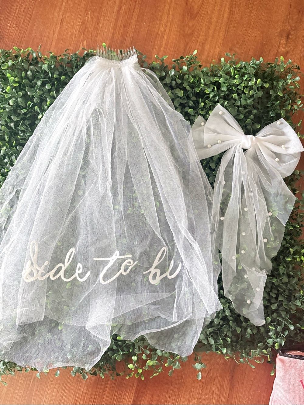 White Sheer Tulle Hair Veil with Pearl Bow